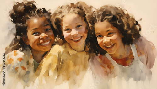 Happy Childhood, Group of Smiling Children in Watercolor 