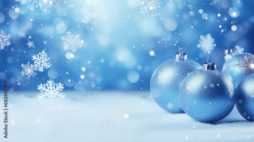 Blue Christmas ornaments on snowy backdrop with sparkling snowflakes, holiday wonder. Blue Christmas ornaments on snowy backdrop with sparkling snowflakes, holiday wonder.