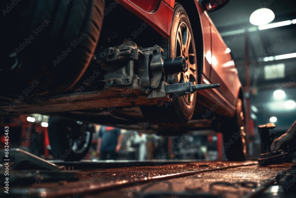 Obraz premium A close up view of a car on a lift. This image can be used to showcase car maintenance or repair services