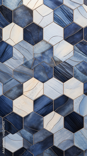 A mosaic of light gray and navy hexagons photo