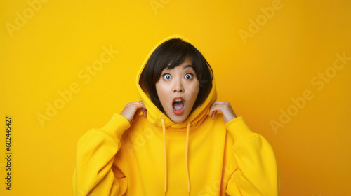 Shocked asian woman in hoodie looking at camera. © Synthetica