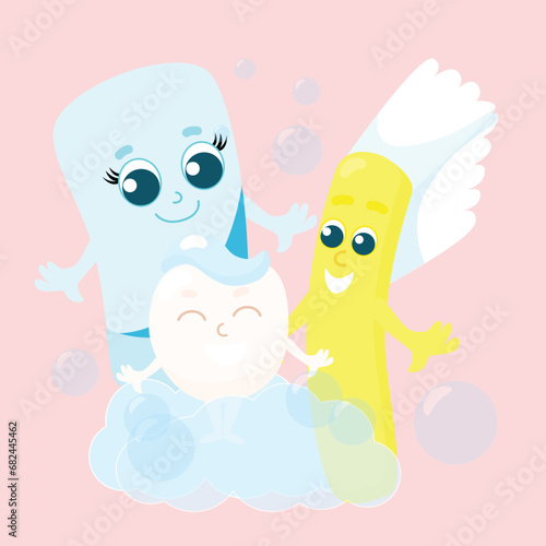 Little baby tooth and toothpaste and brush stand together and smile happily. Bubbles are flying around. Everyone is very happy. Care and health of children's teeth.