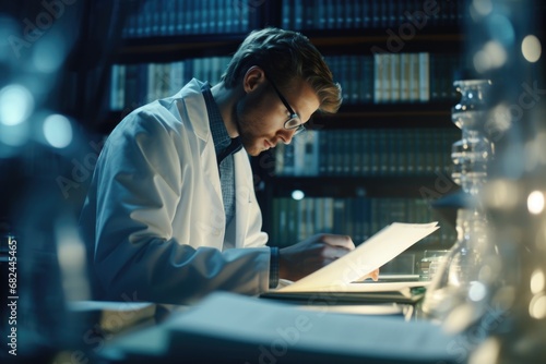 A man in a lab coat engrossed in reading a book. This image can be used to depict a scientist or researcher studying or learning photo