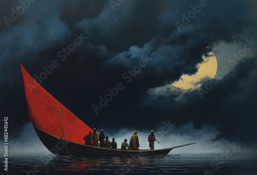 Color seascape painting of a fanciful, surreal boat with a small group of people looking up at a huge moon mostly hidden by dark stormy cloud, long shot. From the series “Tropicana."