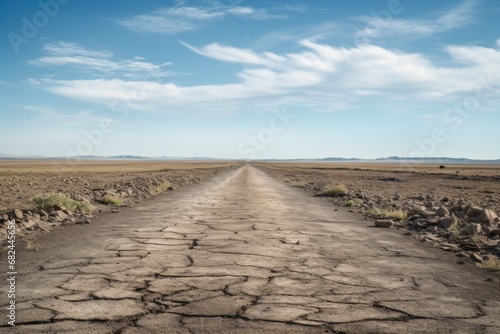 A picture of a dirt road in the middle of a desert. Suitable for travel and adventure themes