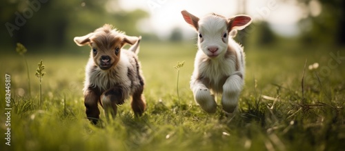 Funny two lambs playing in the green field at sunny day. AI generated image