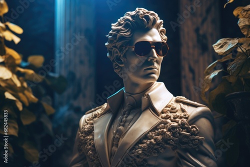 A statue depicting a man wearing a suit and sunglasses. This image can be used to represent professionalism, coolness, or a modern urban lifestyle
