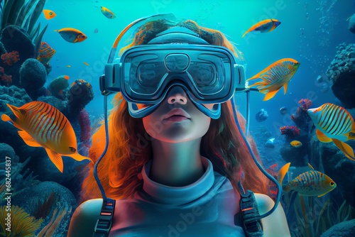 Portrait of young woman in VR glasses headset on underwater background. Virtual reality futuristic concept.