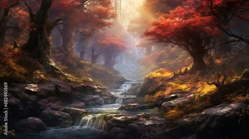 A babbling brook winding its way through a forest ablaze with color. © Mustafa_Art