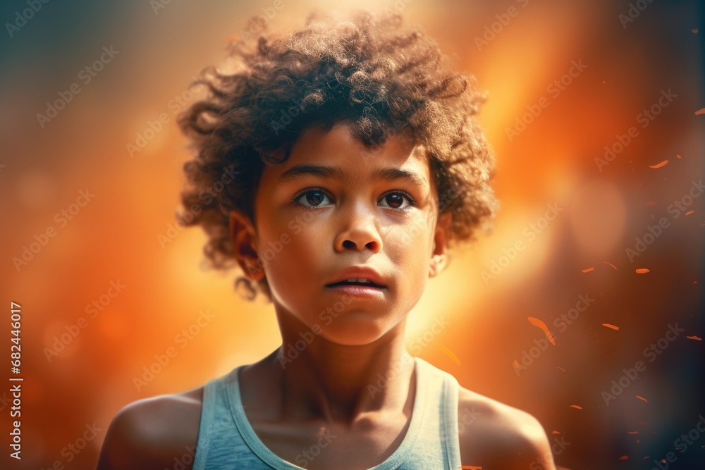 A young boy with curly hair gazes directly at the camera. This image can be used to depict innocence, curiosity, or a candid moment captured A young boy with curly hair gazes directly at the camera. This image can be used to depict innocence, curiosity, or a candid moment captured
