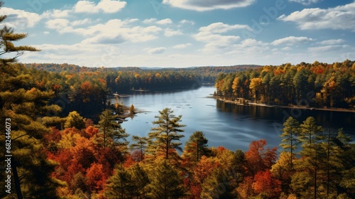A bird's-eye view of a serene lake surrounded by trees in fall splendor.