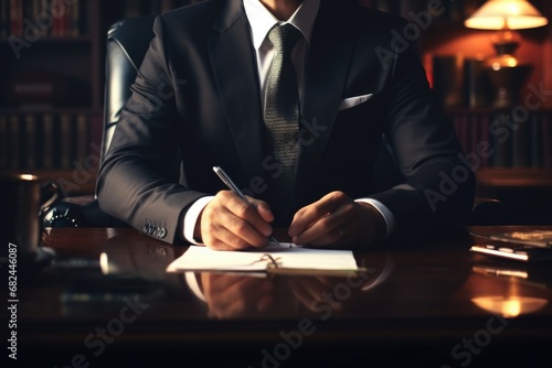 A man dressed in a suit is sitting at a desk and writing. This image can be used to depict concepts related to business, professional work, office tasks, or productivity photo