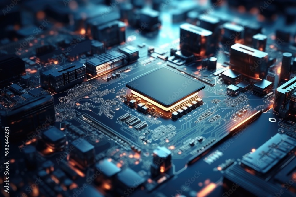 A detailed close-up view of a computer motherboard. This image can be used to illustrate technology, hardware, or computer-related concepts A detailed close-up view of a computer motherboard. This image can be used to illustrate technology, hardware, or computer-related concepts
