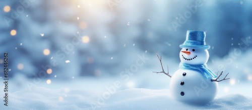 A white Snowman decoration with christmas decoration on blur winter background. AI generated © yusufadi
