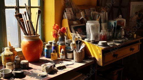 Artist's table with brushes and paints