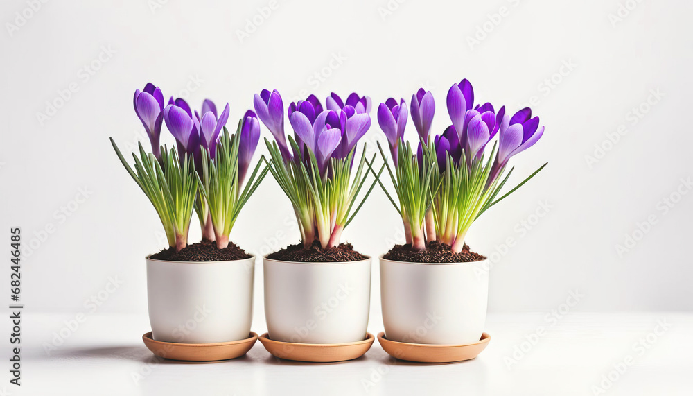 Cute crocus flowers in pots isolated with copy space Cute crocus flowers in pots isolated with copy space