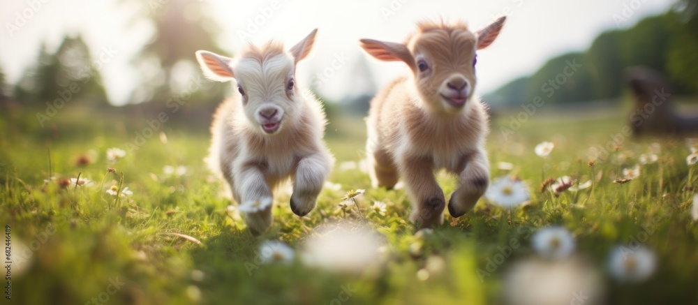 Funny two lambs playing in the green field at sunny day. AI generated image - obrazy, fototapety, plakaty 