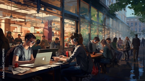 A bustling coffee shop, with people engrossed in their laptops and smartphones, creating a modern urban scene.