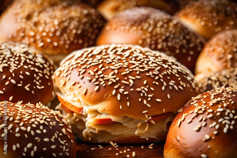 A captivating close-up shot capturing the intricate texture of a burger bun with sesame seeds, 
