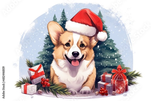 Cute Corgi dog on a white background with gifts and a festively decorated Christmas tree. New Year greeting card or banner