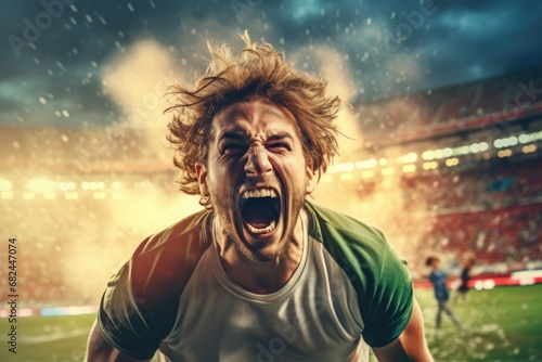 A man with his mouth wide open in a stadium, expressing surprise or excitement. This image can be used to depict the reaction of a sports fan, a concert-goer, or someone witnessing a thrilling event