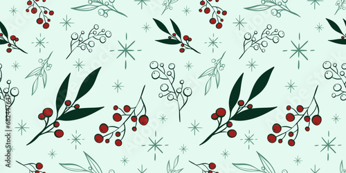 Seamless pattern with hand drawn christmas leaves and branches. Perfect for xmas or new year wallpaper, wrapping paper, web sites, background, social media, blog, presentation and greeting cards. 