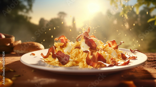 Scrambled eggs and crispy bacon slices on a breakfast plate on a wooden table with sunny sky photo