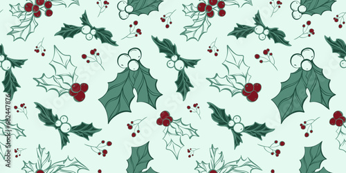 Seamless pattern with hand drawn christmas leaves and branches. Perfect for xmas or new year wallpaper, wrapping paper, web sites, background, social media, blog, presentation and greeting cards.	