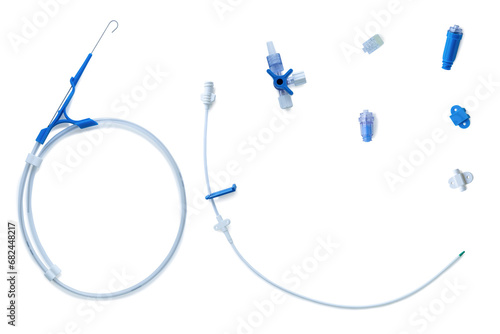 medical instruments. set for central venous catheter placement on white background close-up. medical equipment, sterile set, outline, isolate 