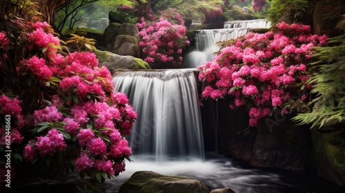 A cascading waterfall surrounded by lush rhododendron bushes in full bloom. © Mustafa_Art
