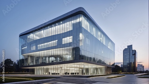 A sleek and modern office building with a glass facade. Generative AI