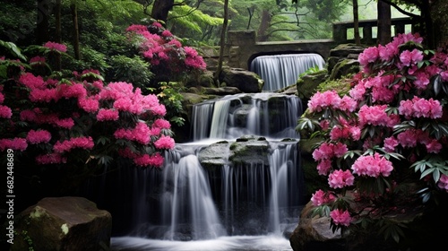 A cascading waterfall surrounded by lush rhododendron bushes in full bloom.