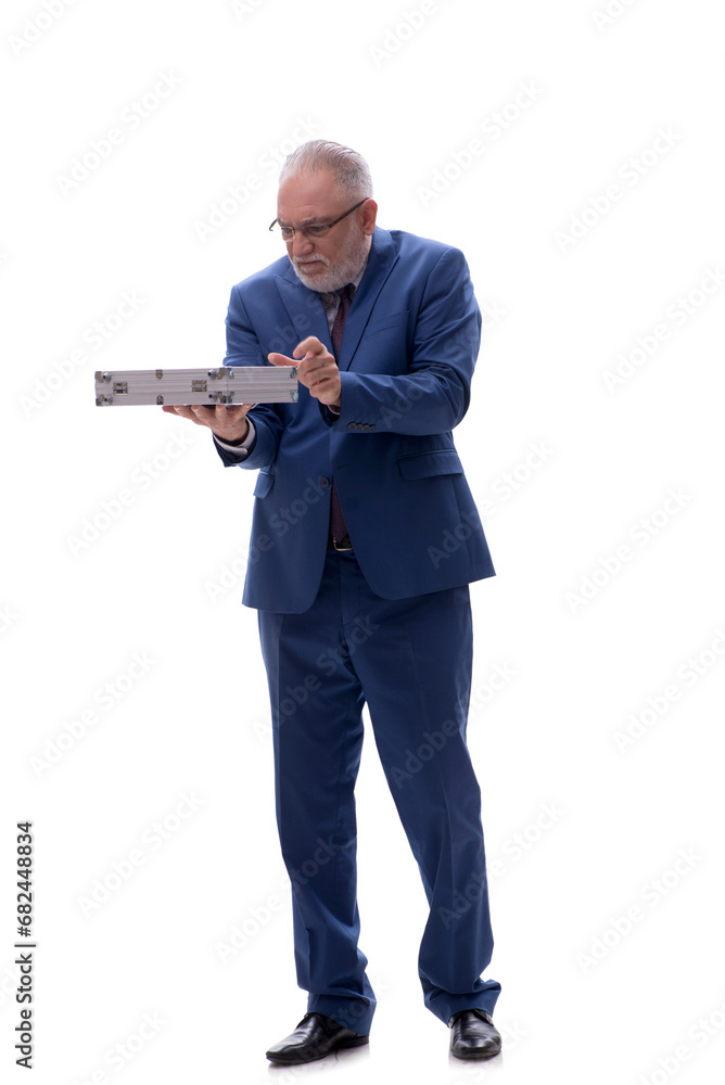 Old businessman holding case isolated on white Old businessman holding case isolated on white