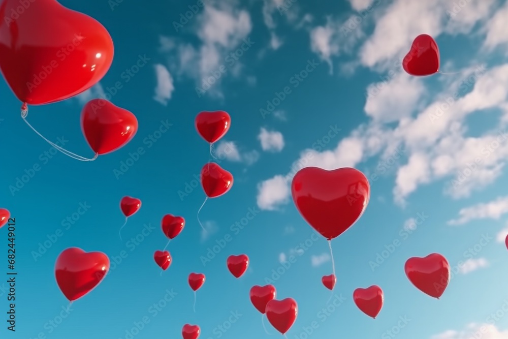 A lot of balloons in red heart shape flying in blue sky. Love and Saint Valentine’s Day concept.  
