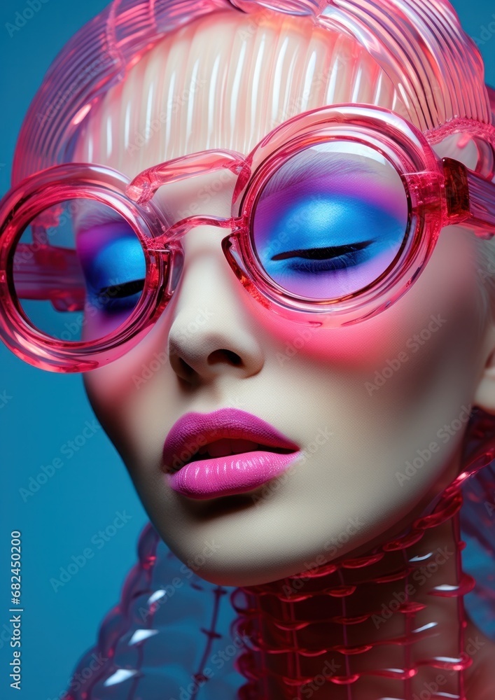 A striking image showcasing a woman with bold makeup and pink futuristic goggles, exuding style and creativity A striking image showcasing a woman with bold makeup and pink futuristic goggles, exuding style and creativity