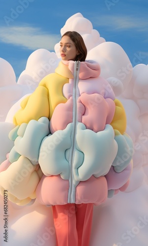 Model wearing a cloud-inspired jacket stands out with its pastel color palette and soft, ethereal aesthetic photo