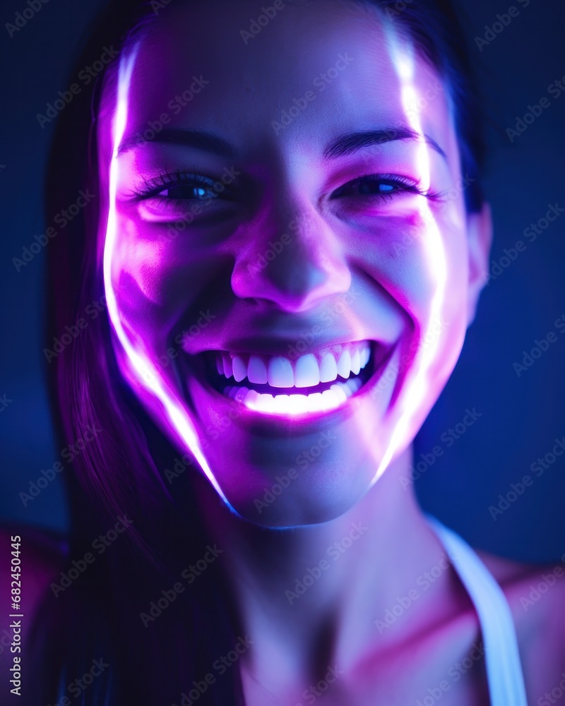A woman's captivating smile accentuated by the glow of neon light effects in a dark ambiance