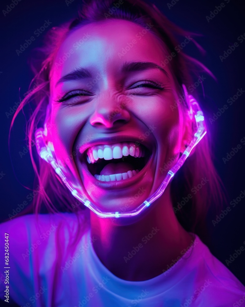 Laughing woman wearing a white shirt and a luminous neon mouthpiece in a dark setting