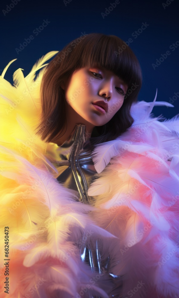 Beautiful woman surrounded by colorful feathers and wearing a metallic outfit