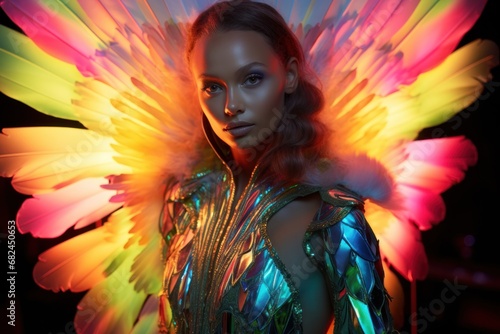 A fierce model dons golden armor-like attire with radiant, vividly colored wings in a fantasy setting