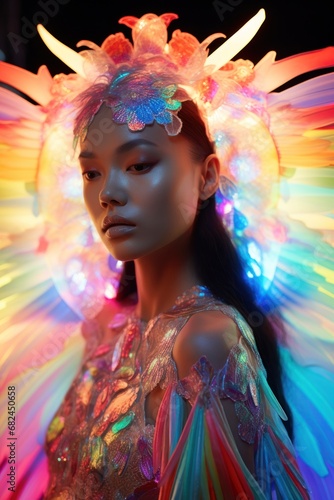 Portrait of a serene woman adorned with a glowing headpiece and iridescent wings, resembling a mythical creature