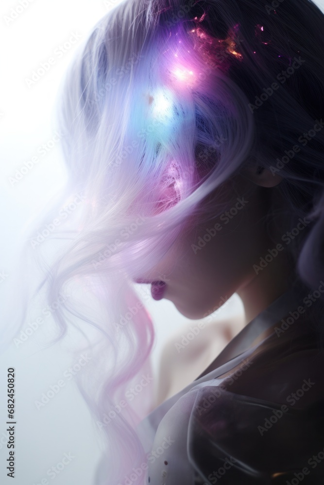 Enigmatic female profile with cosmic-themed hair radiating with colorful lights Enigmatic female profile with cosmic-themed hair radiating with colorful lights