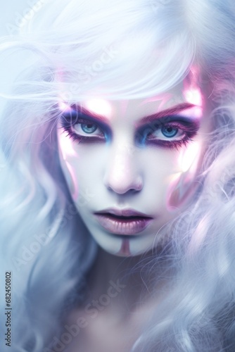 Surreal female face with bright neon makeup and expressive eyes in an ethereal setting