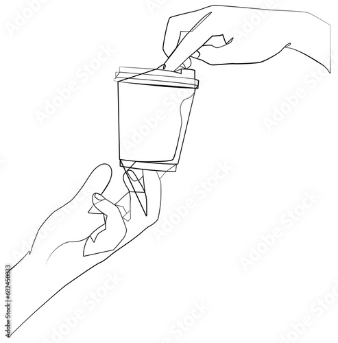 Linear hands hold a coffee cup. Different hand positions.