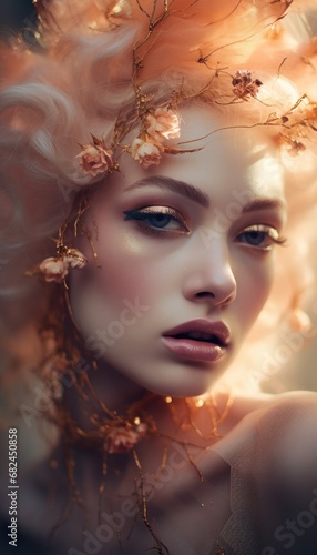 Woman with golden-toned makeup and autumn leaf accessories under vibrant natural lighting