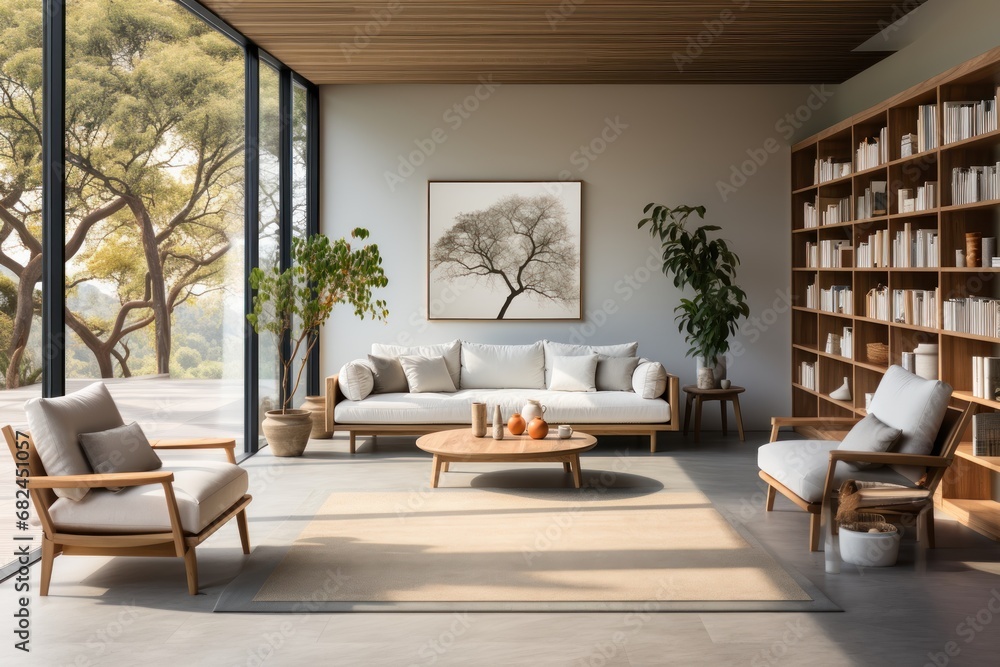 Interior of modern living room with white walls, tiled floor, concrete floor, beige sofa and armchairs near coffee table. Bookshelf with books. Elegant Modern Living room