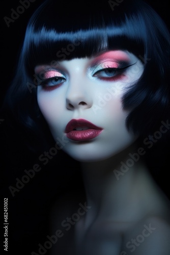 Stylish retro-inspired portrait of a model with vintage makeup, bob hairstyle, and expressive eyes