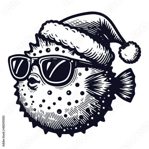 cool puffer fish wearing a Christmas hat and sunglasses sketch