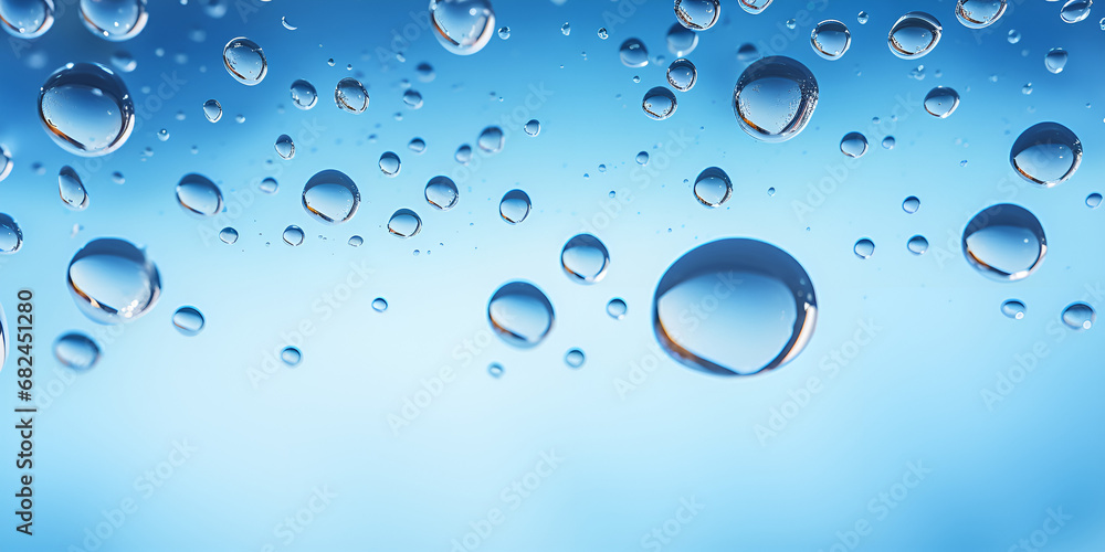 Close up of water with bubbles on a blue background for cosmetic background. Generative AI