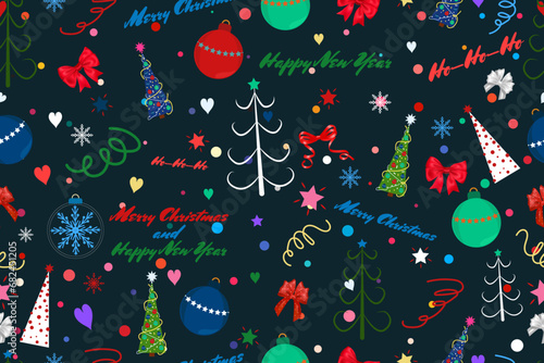 Seamless pattern, New Year holidays, Christmas, New Year, dark background, Christmas trees, Christmas balls, decoration, snowflakes, stars, hearts, bows, lettering, print, wrapping paper, wallpaper, t photo